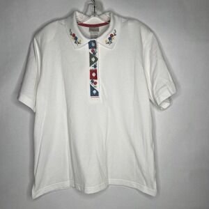Vintage Koret Francisca XL White Polo Shirt Colorful Floral Trim Retro Blouse